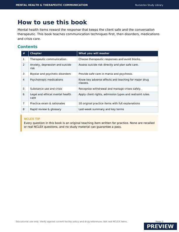Mental Health & Therapeutic Communication - Contents
